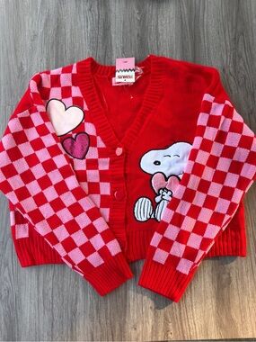 Peanuts Snoopy Valentine's Day Eclectic Grandpa Sweater V-Neck LARGE Red Checker